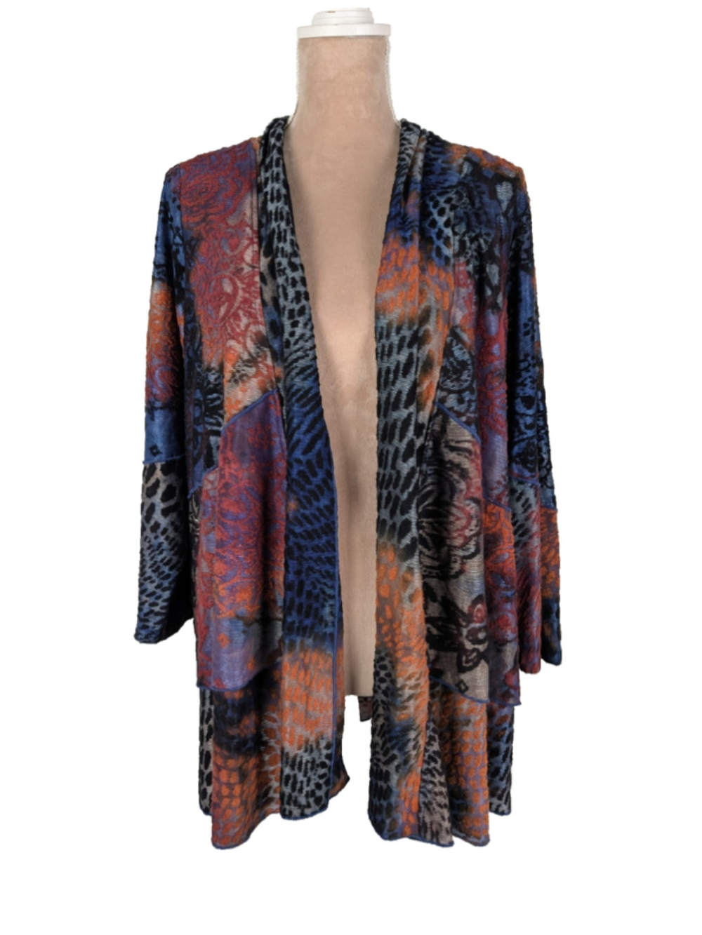 Ali Miles Burnout Velvet Kimono Cardigan Duster Multicolor Sz XL Patchwork Boho